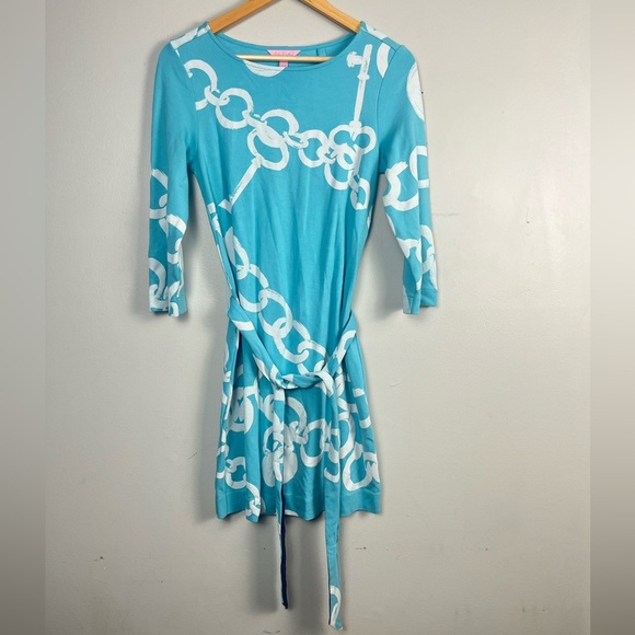Lilly Pulitzer Jonah Shorely Blue Ball And Chain Posh Ponte Belt Tunic Dress S - Picture 2 of 7